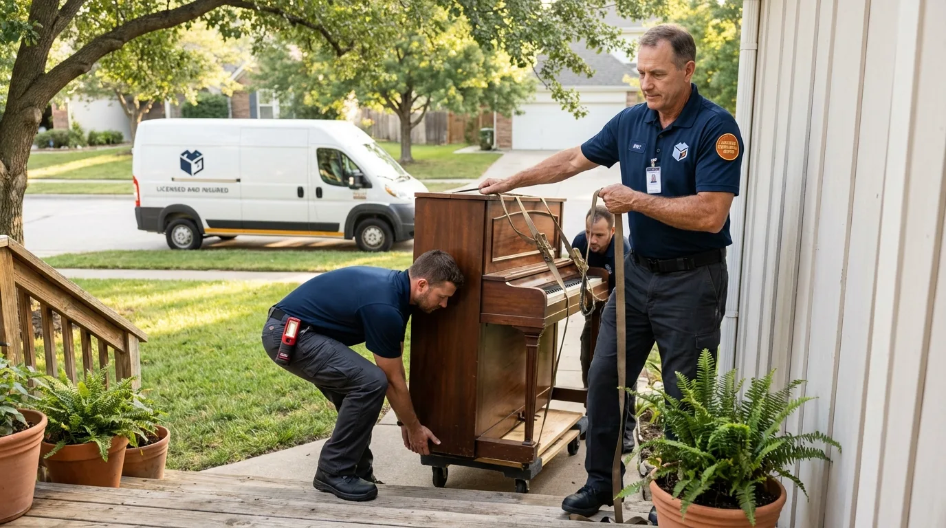 Licensed piano movers securing grand piano in Hildale, UT