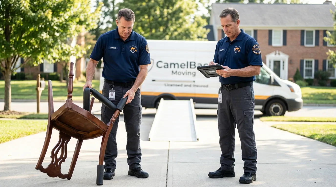 Movers inspecting furniture for damage prevention before loading in Hildale, UT